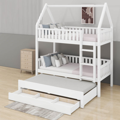House Bunk Bed With Roof And Trundle, Wood Bunk Bed With 3 Storage Drawers, Ladder & Safety Guardrail