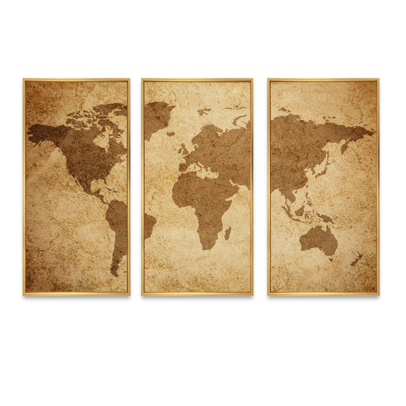 Ancienne carte du monde V - reproduction de cadre flottant 3 pièces sur toile, H 28 po x l 36 po, Or