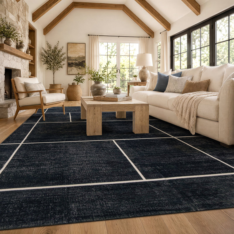 Tapis noir antidérapant Windowpane Grid, 9 pi x 12 pi