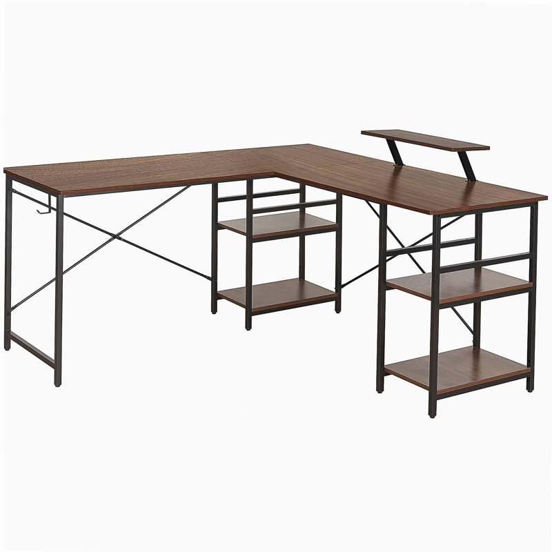Bureau en L industriel avec tablette de rangement, couleur noyer