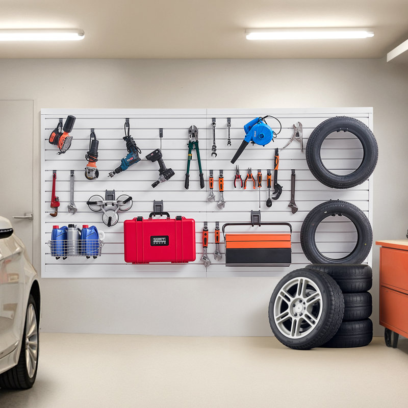 Panneau mural à lattes, 8 x 4 pi, paroi de garage en PVC avec conception modulaire, panneau à lattes blanches facile à installer avec structure de couplage et découpage bricolage, convient au rangement et à la présentation