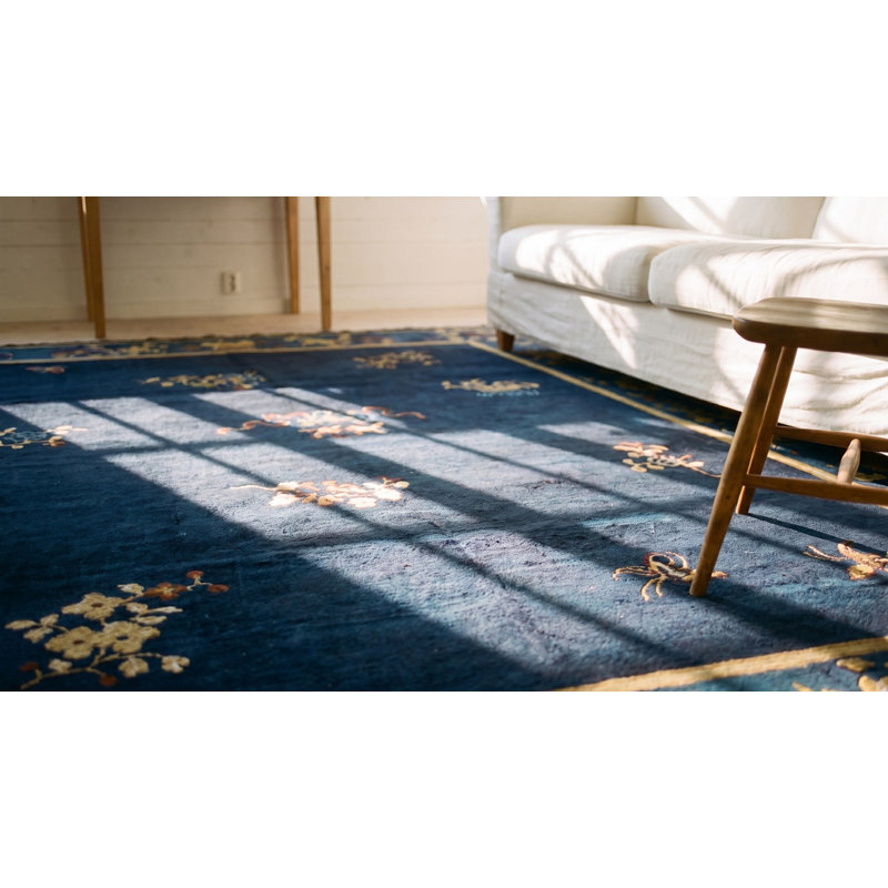Antique Navy Blue Allover Floral Chinese Square Room Size Peking Rug