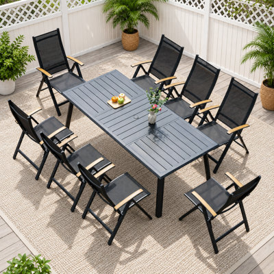 Ensemble repas pour 8 personnes en aluminium avec fauteuils inclinables et pliables