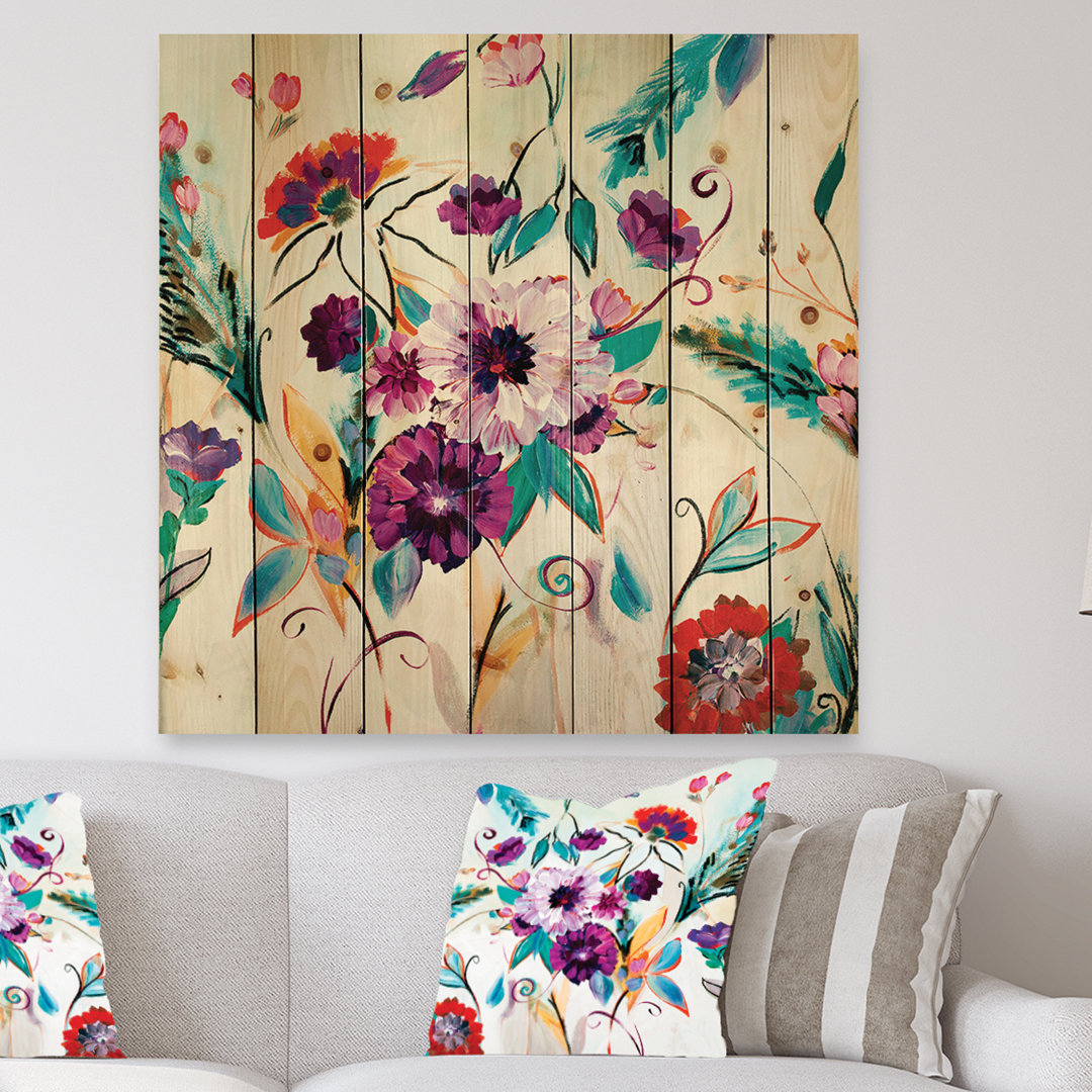 Abstract Purple And Red Farmhouse Flowers - Traditional Print on Natural Pine Wood East Urban Home 