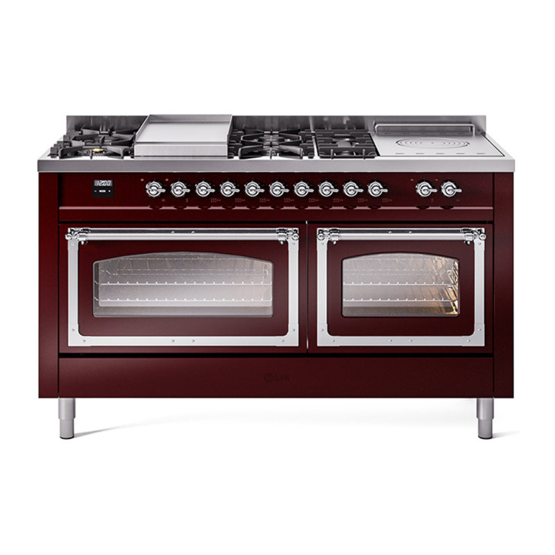 ILVE Nostalgie II Noblesse 60 in Dual Fuel Range 7 Burner, Griddle, Frenchtop, Natural Gas, Burgundy/Chrome