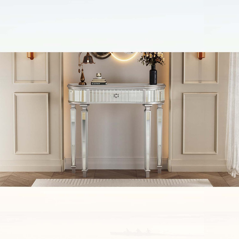 Console à miroir en demi-lune de 47 pouces avec tiroir en verre cannelé et poignée en cristal, parfaite pour les vestibules et les chambres à coucher