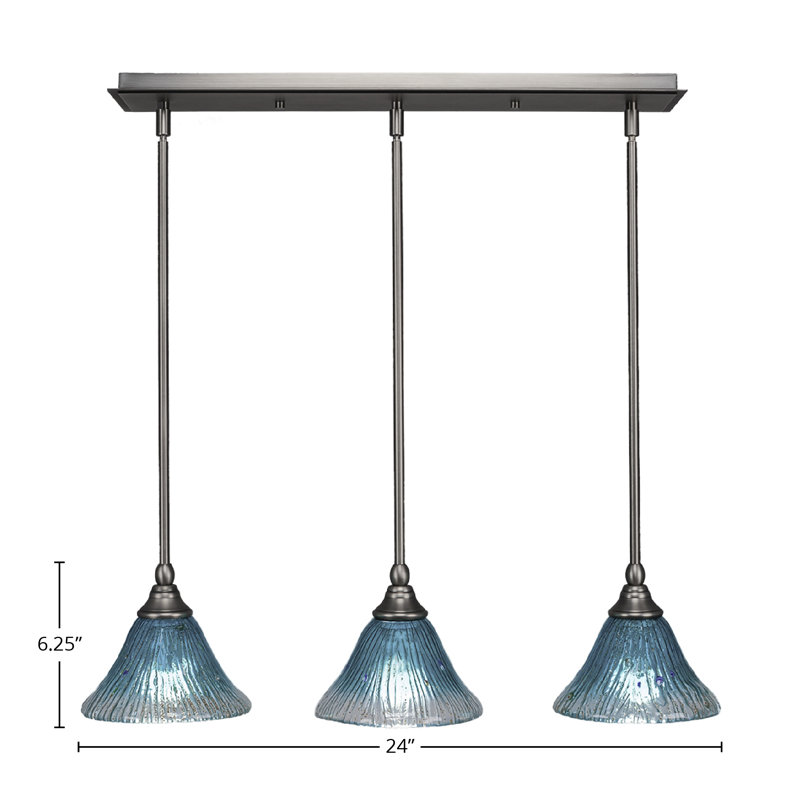 3 Light Stem Hung Linear Pendalier Shown With 7" Teal Crystal Glass, Brushed Nickel, Blue, 6.5" H x 27" W x 7" D