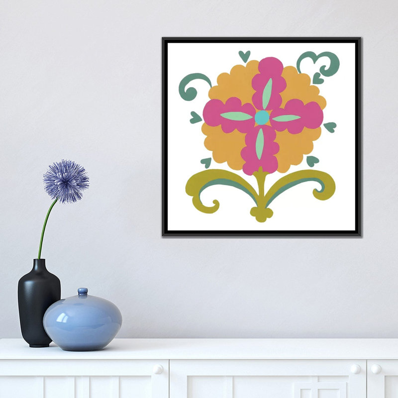 « suzani fleur iv », reproduction sur toile, H 18 po x l 18 po x P 1,5 po, Toile avec cadre noir, Pas de tapis