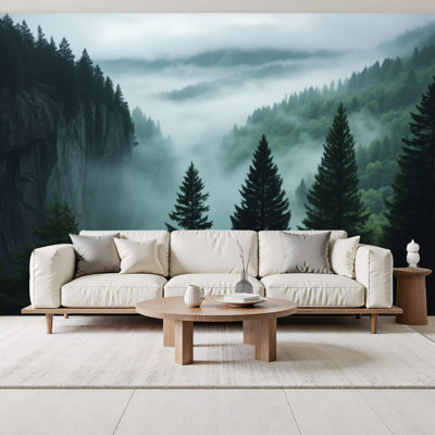 Nature Theme Wall Mural Misty Mountain Forest Landscape Pine Trees Fog 69"H x 96"W Peel and Stick Wallpaper Wall Decor for Bedroom