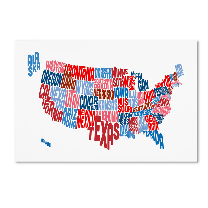 « united states typographie text map », reproduction d’impression sur toile tendue, H 30 po x l 47 po x P 2 po