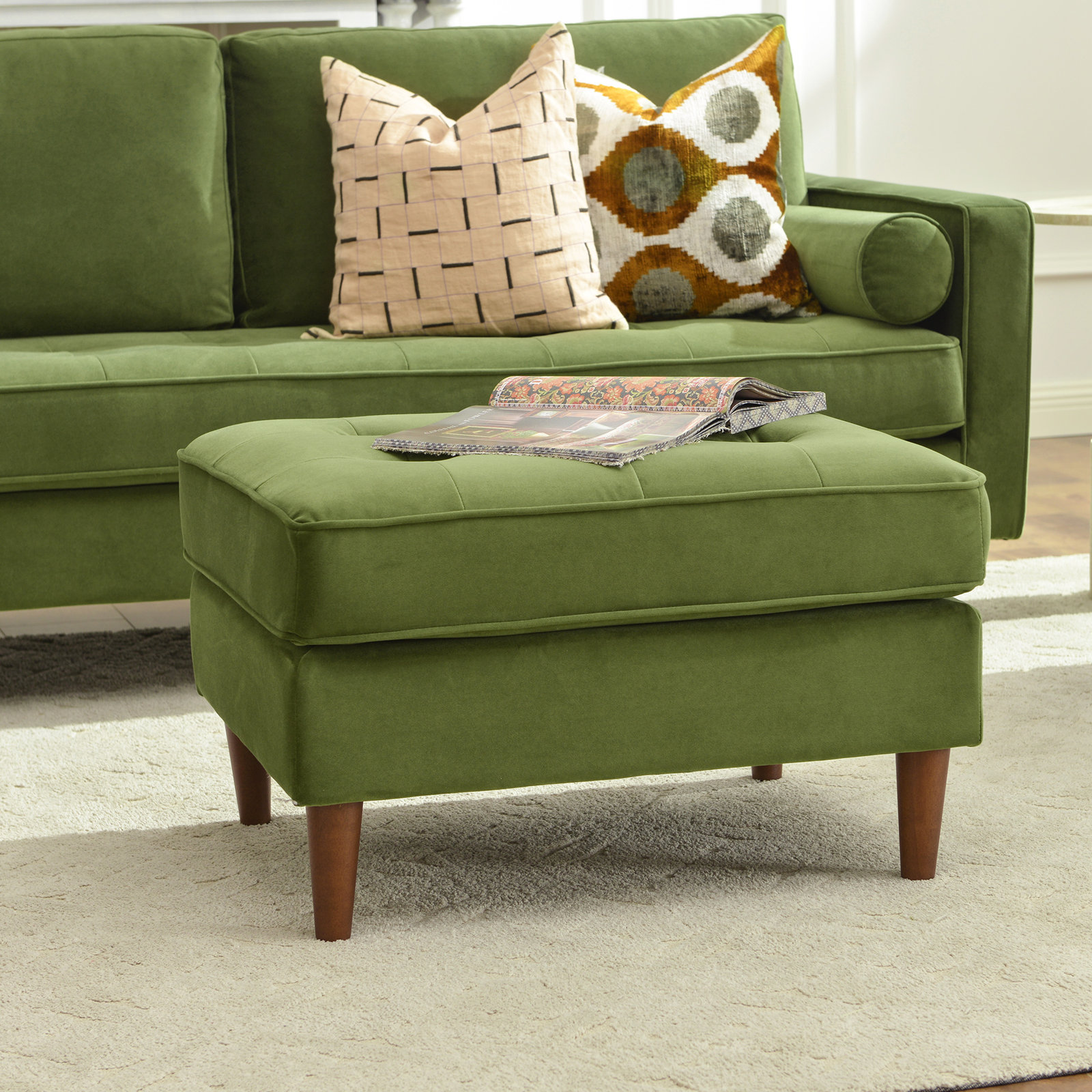 Geo 30" Upholstered Ottoman, Velvet, Olive Green