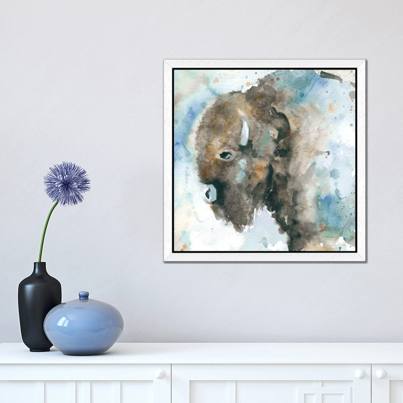 Buffalo On Blue by Carol Robinson - Floater Frame Painting on Canvas, White, 93.98 cm H x 93.98 cm W