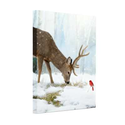 Cerf de Noël broutant dans la neige avec oiseau rouge, ensemble de 3 impressions sur toile