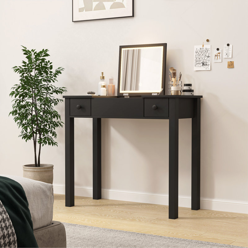 Multifunctional Vanity Desk With 3-Level Adjustable Lighting With Flip-Top Mirror Storage 15.75" Deep Makeup Table 2 Drawers 3 Removable Organizer Boxes Compact Home Office Desk Black