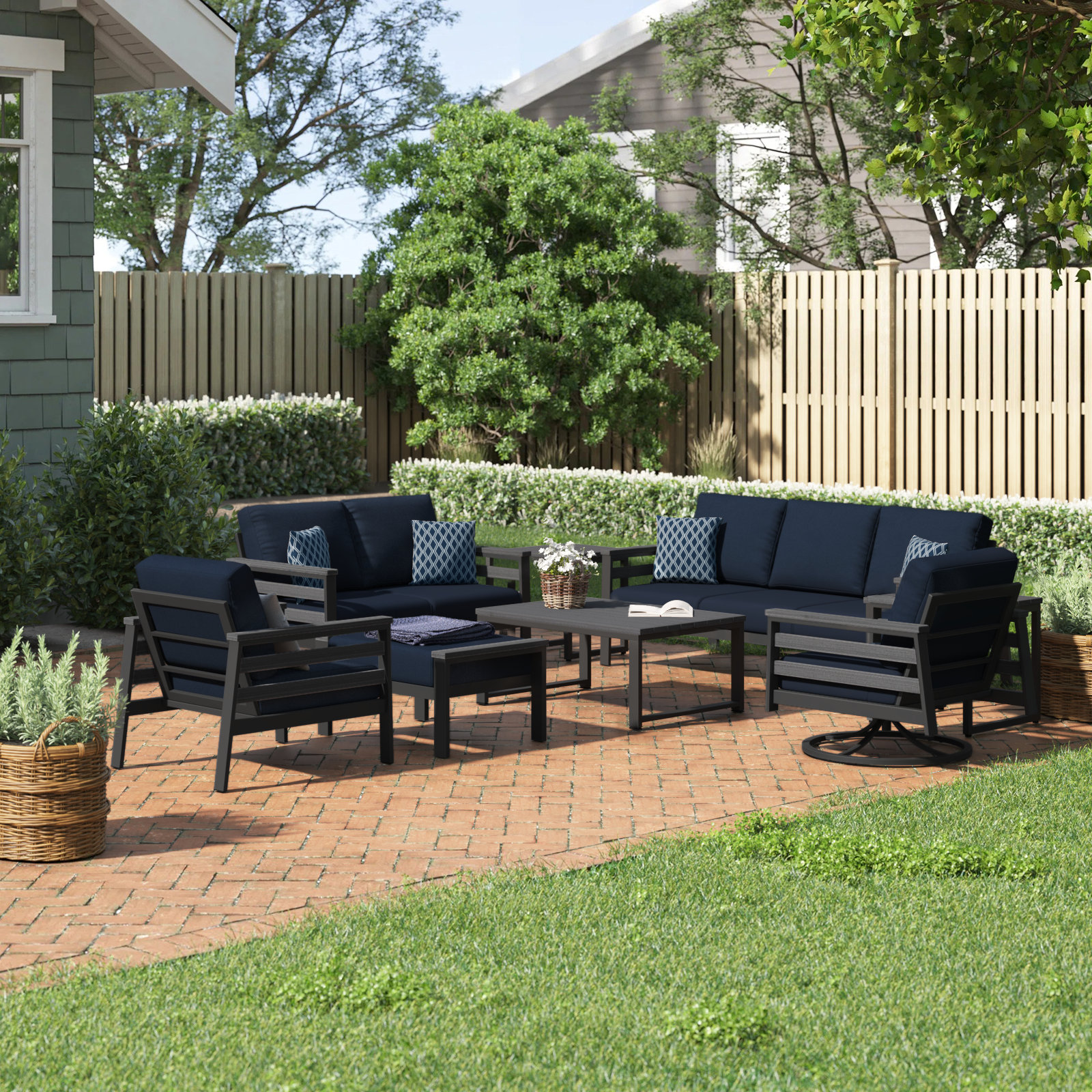 Townsend 6 Piece Outdoor Conversation Set with Sunbrella® Cushions, Canvas Navy, Gray