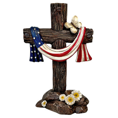 Polyresin Cross with Draped American Flag and Butterfly Religious Standing Tabletop Cross Décor