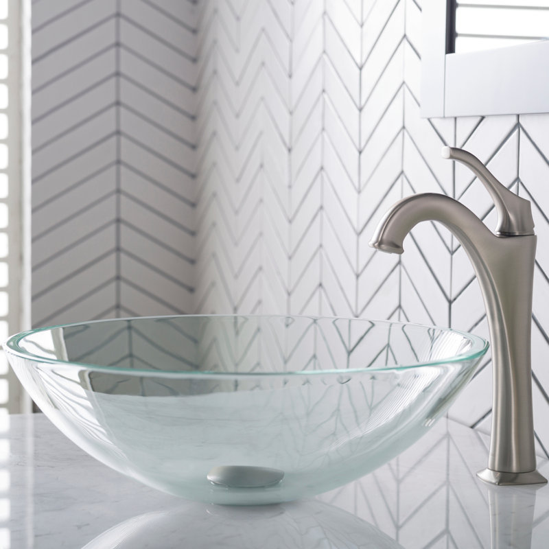 Glass Circular Vessel Bathroom Sink with Faucet, Matte Black