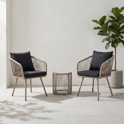  3-Piece Gray Outdoor Patio Bistro Set, Hand-Woven Rattan Wicker Conversation Set with Cushioned Chairs and Glass Top Table for Balcony, Garden, Deck