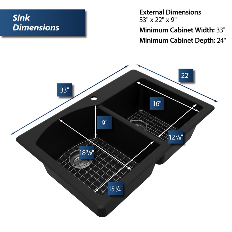 Karran Quartz 33'' X 22'' Double Bowl 60/40 Top Mount Drop-in Kitchen Sink Kit, Black