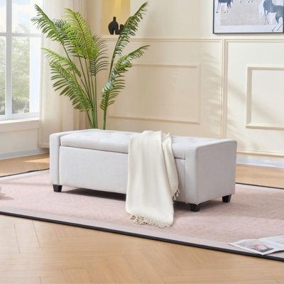 Banc de rangement pour chambre à coucher avec bout de lit, repose-pieds rembourré en faux lin avec accoudoirs pour la chambre à coucher, le salon et le vestibule