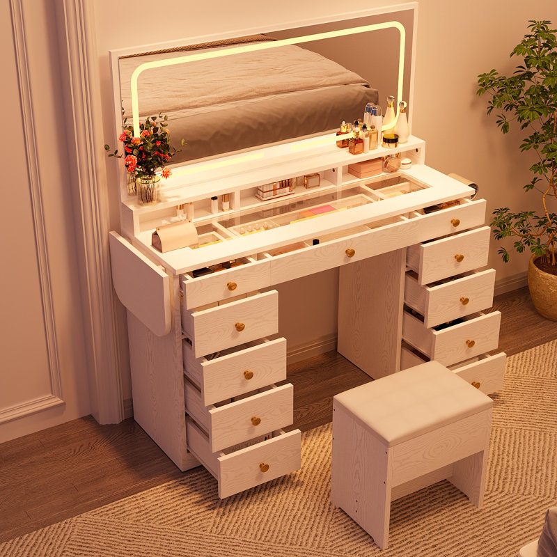 46’’ L Large Modern Style Makeup Vanity Desk With Mirror, LED Lights And Power Outlet, 11-Drawer Vanity Set With Stool, White