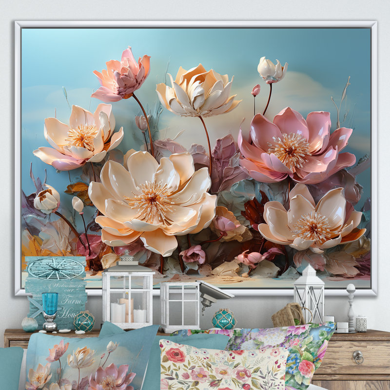 Fleur de lotus rose moderne - impression, Cadre flottant blanc, H 16 po x l 32 po x P 1 po