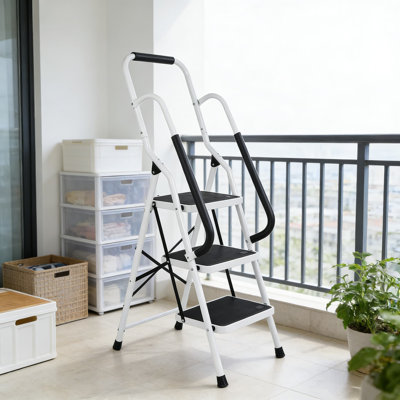 3-Step Folding Ladder With Handrails, Wide Anti-Slip Pedals & One-Button Fold, Sturdy Steel Portable Step Stool For Home, Office, Garage, And Library