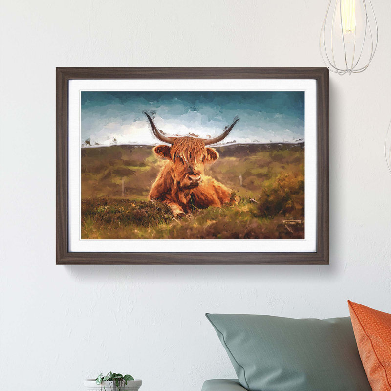 A Resting Highland Cow in Abstract - Picture Frame Painting Print on MDF, Walnut Framed, 27cm H x 36cm W x 2cm D