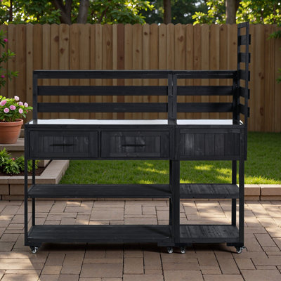 62.3'' Patio Kitchen Island Solid Wood Kitchen Cart With Stainless Table Top, Garden Potting Bench With Raised Shelf And Drawers