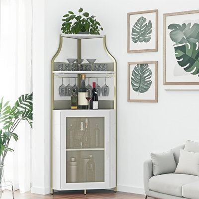 Armoire à vin de coin à 5 niveaux avec support et porte-verre, armoire de bar industrielle moderne pour la cuisine, le salon ou la salle à manger