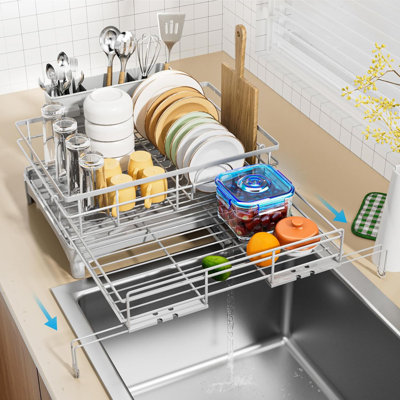 Égouttoir à vaisselle extensible grande capacité pour comptoir, antirouille avec porte-ustensiles, gris