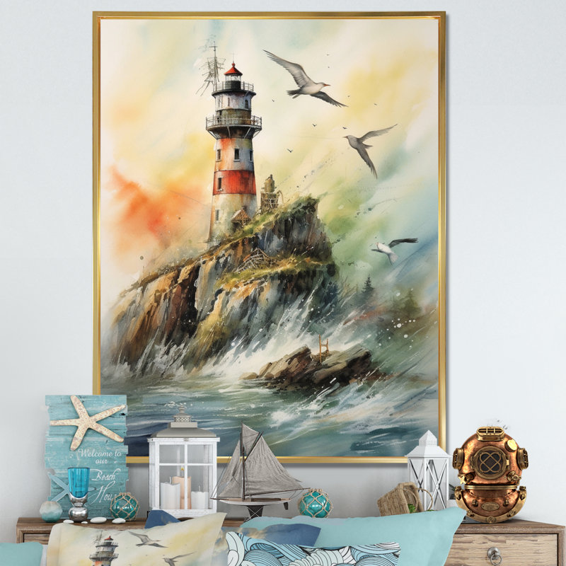Océan tour de guet V sur toile, H 40 po x l 30 po x P 1,5 po, Cadre flottant doré