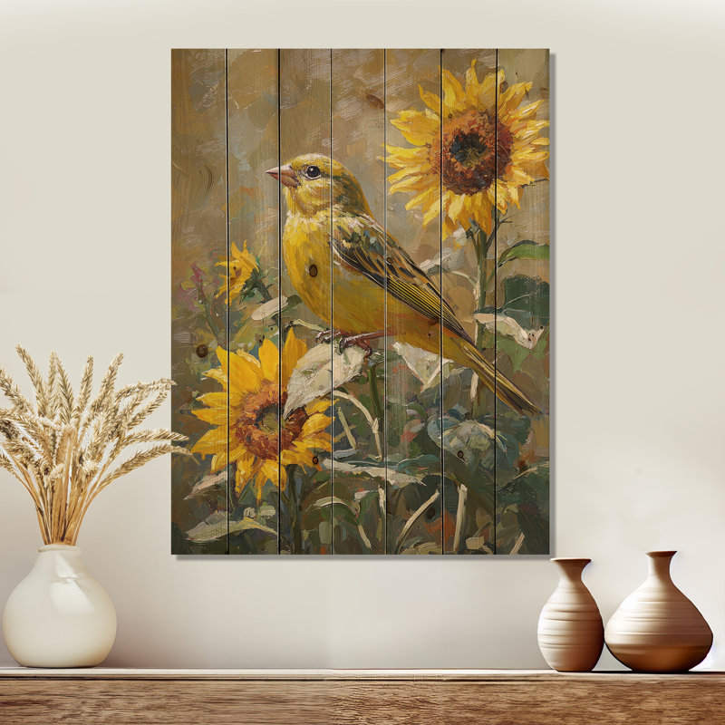 Finch Bird In The Farm Sunflowers II - Bird Wood Wall Decor - On Natural Pine Wood, 40" H x 30" W x 0.78" D