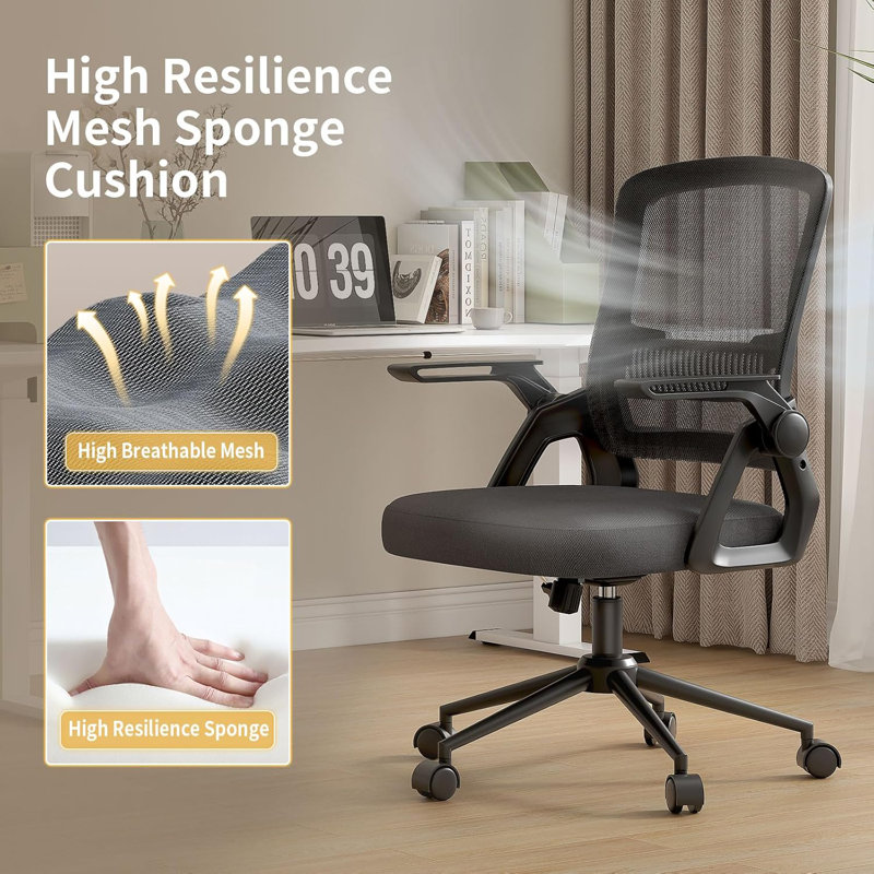 Computer Desk Office Chair with Flip-up Armrests, Black, Black