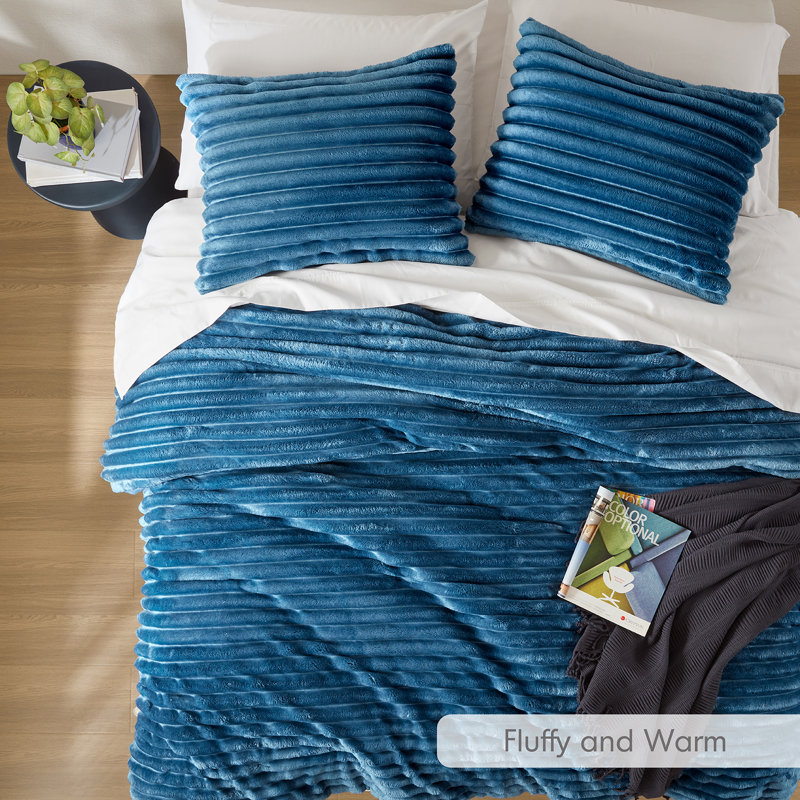 Avril Fluffy Ribbed Plush Comforter Set, Blue, King Comforter + 2 King Shams