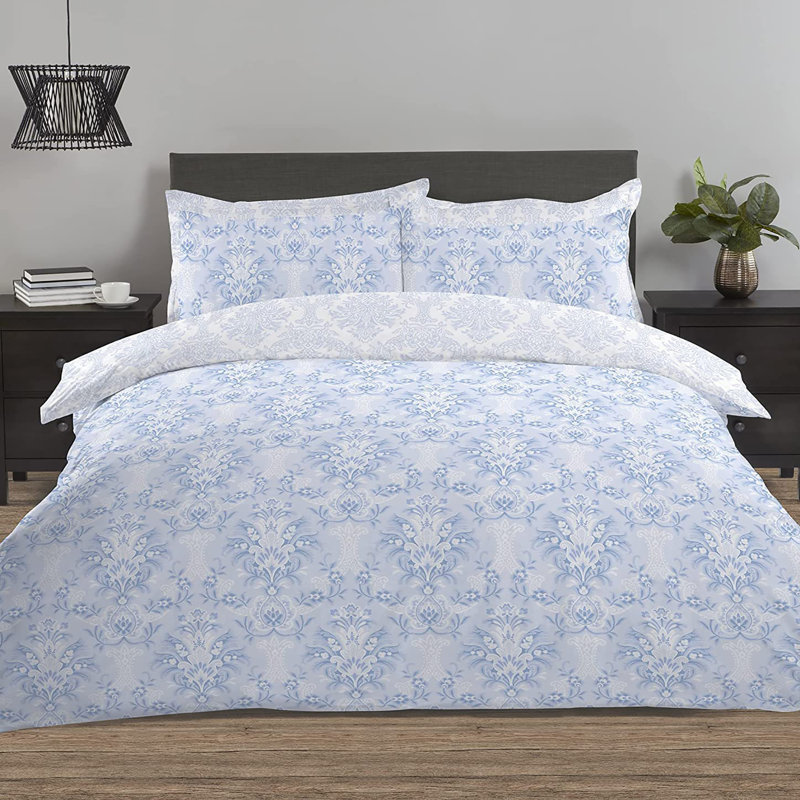 NightComfort Damask Blue Cotton Rich Duvet Cover Set with Pillowcase, Single - 1 Standard Pillowcase