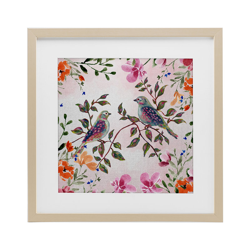 Deux oiseaux avec des fleurs, reproduction sous verre encadrée, design par Adonna Ebrahimi, H 16 po x l 16 po