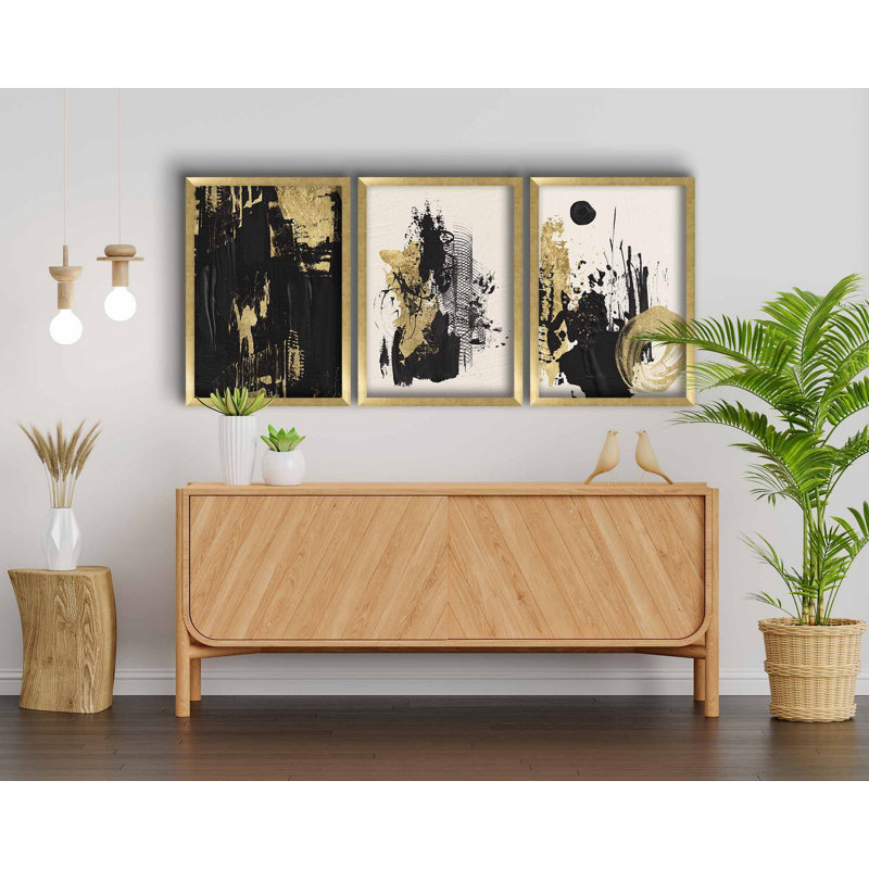 Elegant Decorative Framed MDF Painting Set (3 Pieces), Gold & White & Black, 15.0 x 21.0 inches Each | 100% MDF (Thickness: 0.1 inches) & 100% Wooden Frame (Thickness: 0.9 inches) | Perfect for Home Décor & Gallery Walls