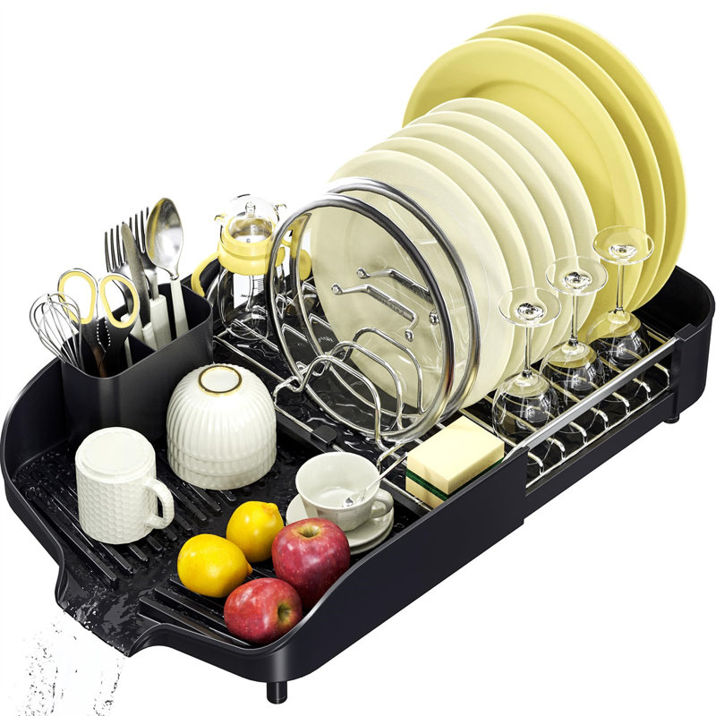 Black Extendable Stainless Steel Dish Drying Rack with Utensil Cup