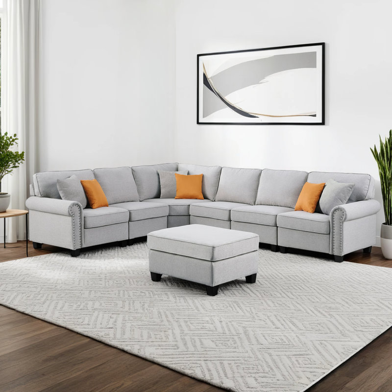 Sherburne Upholstered L-Shaped Sectional Reversible, Light Gray Polyester  Blend
