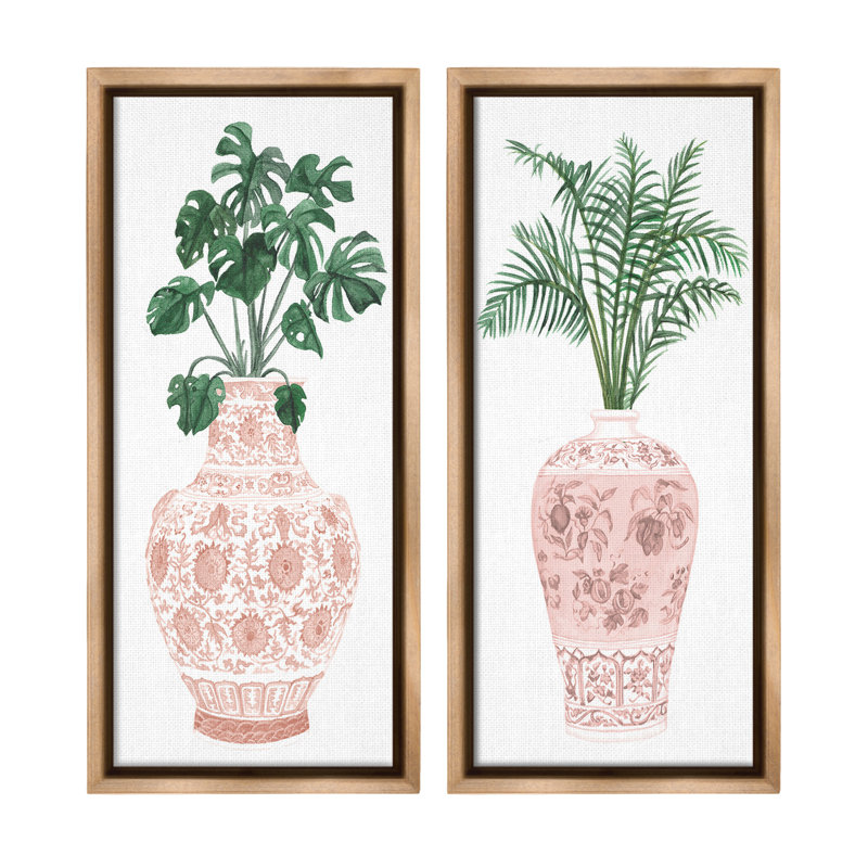 "Plants And Oriental Vases" par Melissa Wang, 2 pièces sur toile, Cadre flottant orme Montalcino, H 31 po x l 14 po