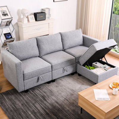 L Shaped Modular Sectional Couch Convertible Chaise 4 Seater With Grey, Dawn Grey Burlap, 87 In Product Depth, 57 Width, 29 Height, 175 Lb Weight, Adjustable Module Arrangements, Storage Beneath