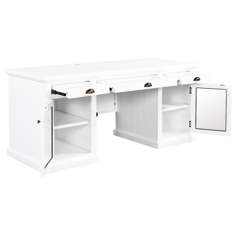 Bureau moderne blanc rectangulaire de 67 po avec 2 portes en verre, 3 tiroirs, des ports et des tablettes réglables pour la fantaisie de bureau à domicile