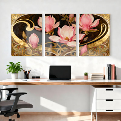Magnolia fleur et or conception ornementale sur toile tendue, reproduction d'art sur toile, ensemble de 3 pour salon chambre à coucher