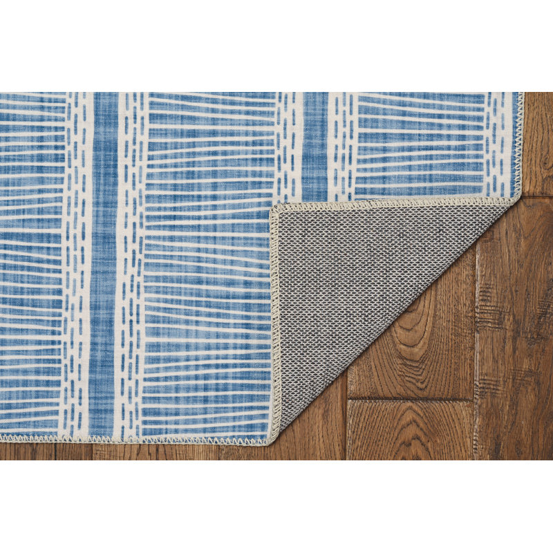 Joris Machine Washable Ivory and Blue Area Rug, Rectangle 3' x 5'
