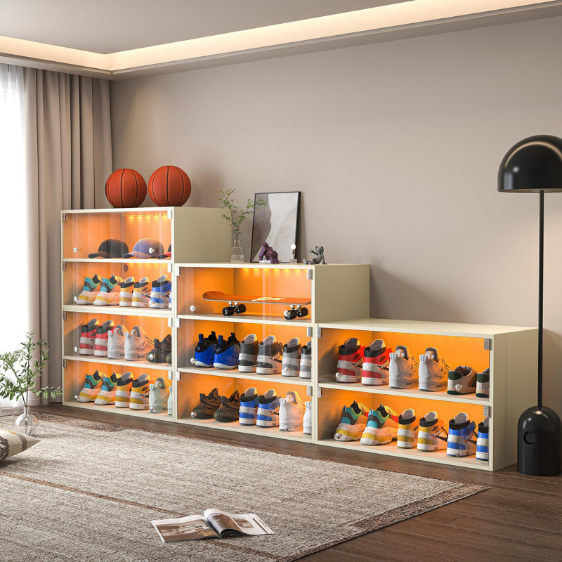 Off White Glass Door Shoe Box Shoe Storage Cabinet For Sneakers With RGB Led Light, Off White, 2