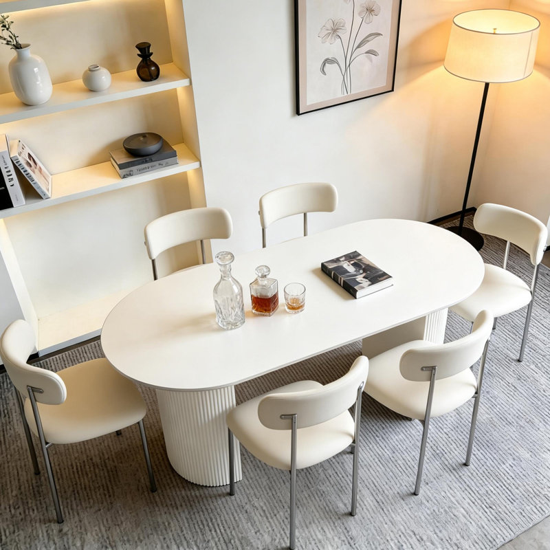 White Sintered Stone Oval Dining Table, 160cm Matt Marble Vein with Double Semi-Cylindrical Legs Fast Dispatch From UK Warehouse – Dispatched Within 2 Days