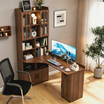 Bureau d'ordinateur d'angle moderne en L avec tiroirs, bibliothèque et huche, poste de travail 2 en 1 avec grand espace de travail