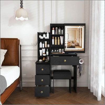 Modern Makeup Vanity Desk with 3-Color Adjustable LED Lighting, 4 Drawers & Open Storage, Vanity Set with Hair Dryer Holder, Power Outlet & Matching Dressing Chair
