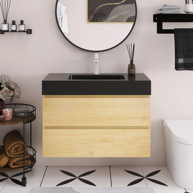Meuble-lavabo flottant mural 36 po avec lavabo, Noir, Chêne naturel